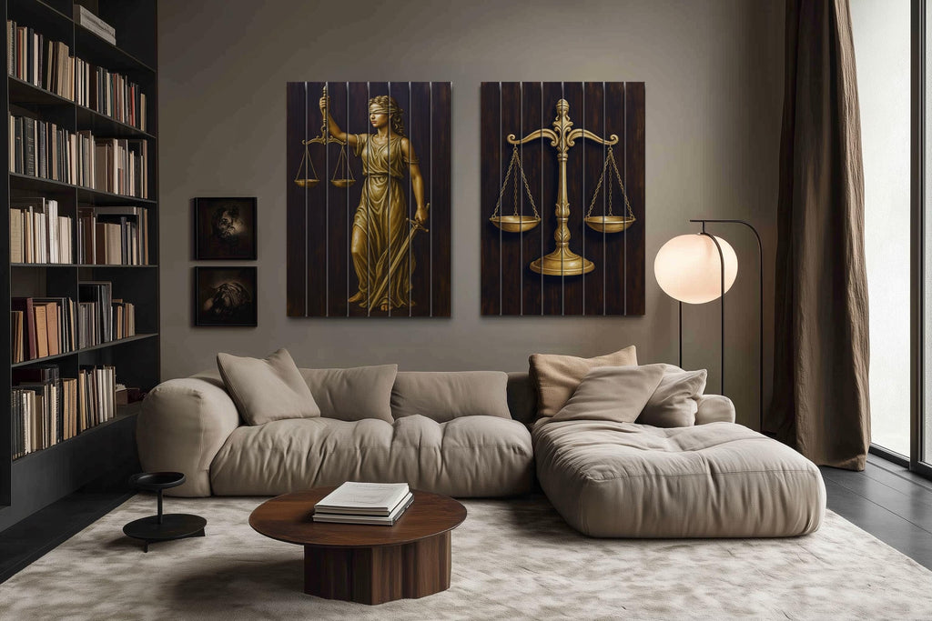 Set of 2 Law Office Wood Wall Art – Brown Gold Lady Justice & Scales Of Justice