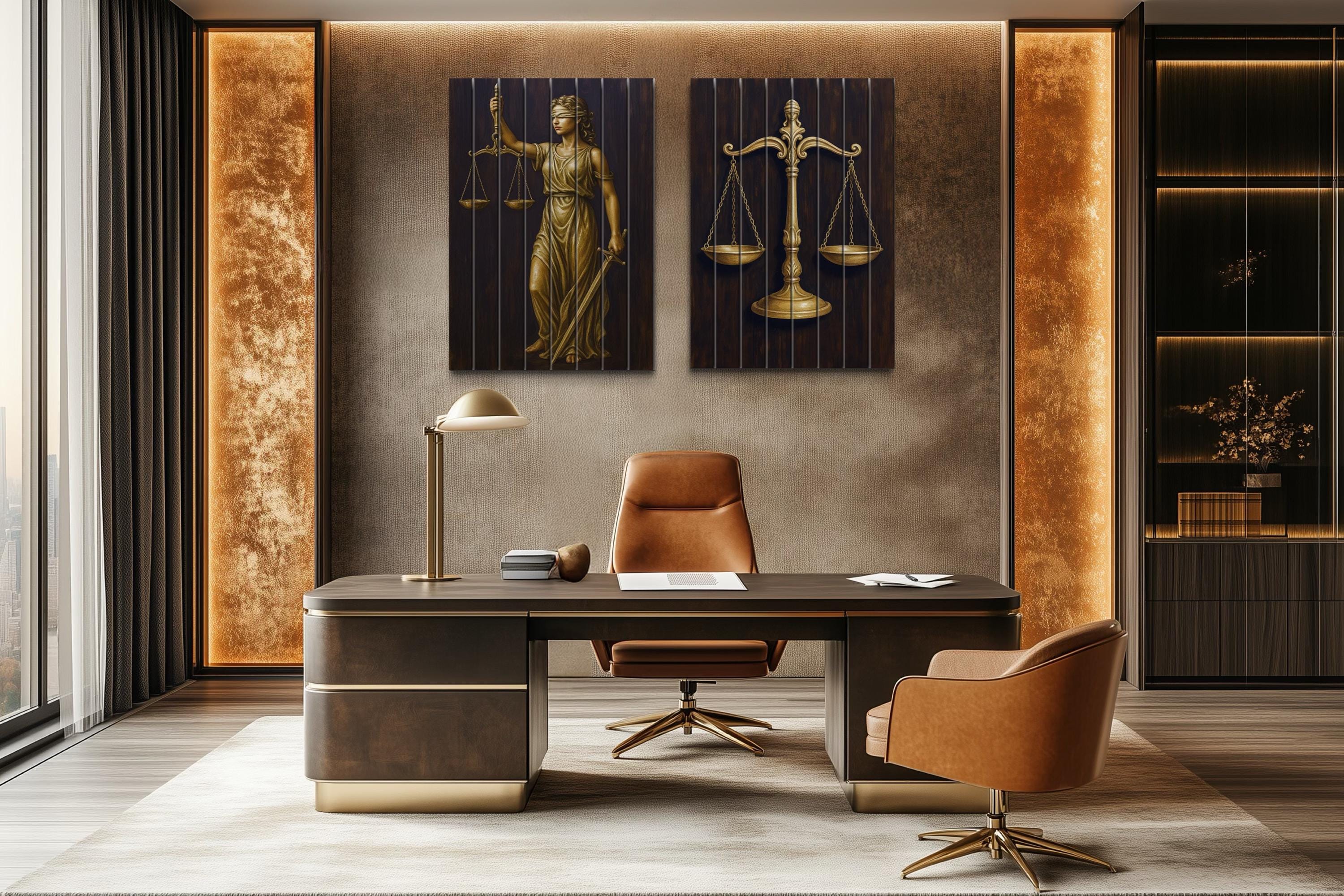 Set of 2 Law Office Wood Wall Art – Brown Gold Lady Justice & Scales Of Justice
