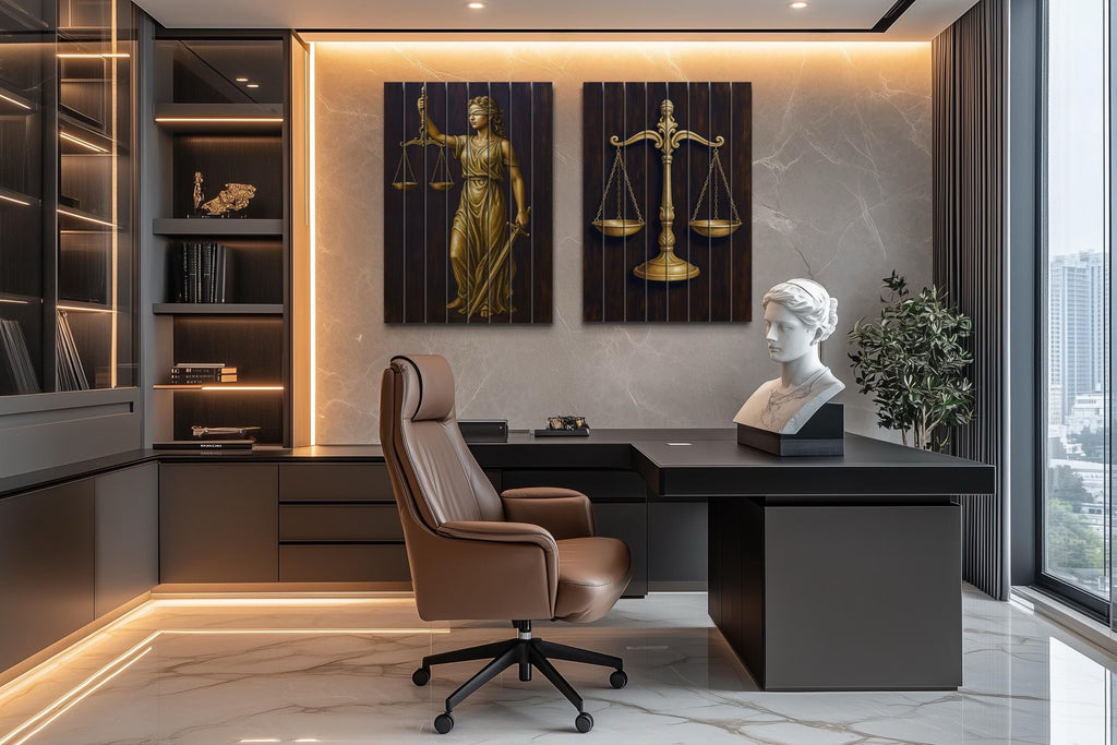 Set of 2 Law Office Wood Wall Art – Brown Gold Lady Justice & Scales Of Justice