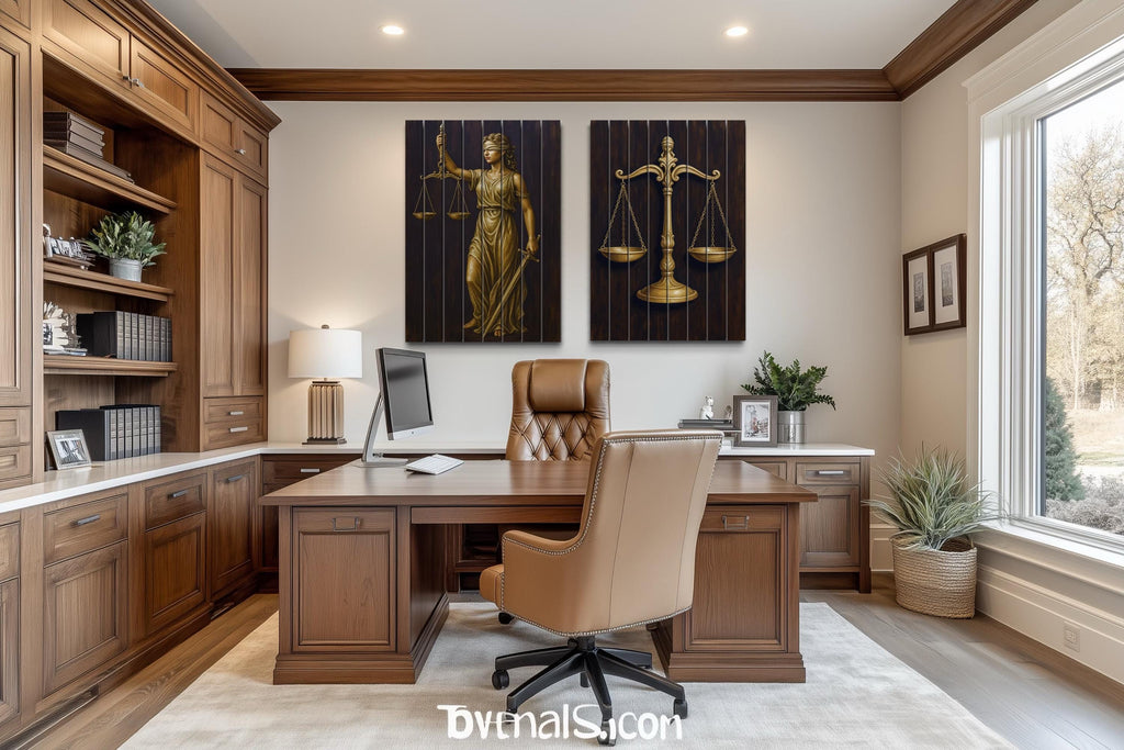 Set of 2 Law Office Wood Wall Art – Brown Gold Lady Justice & Scales Of Justice