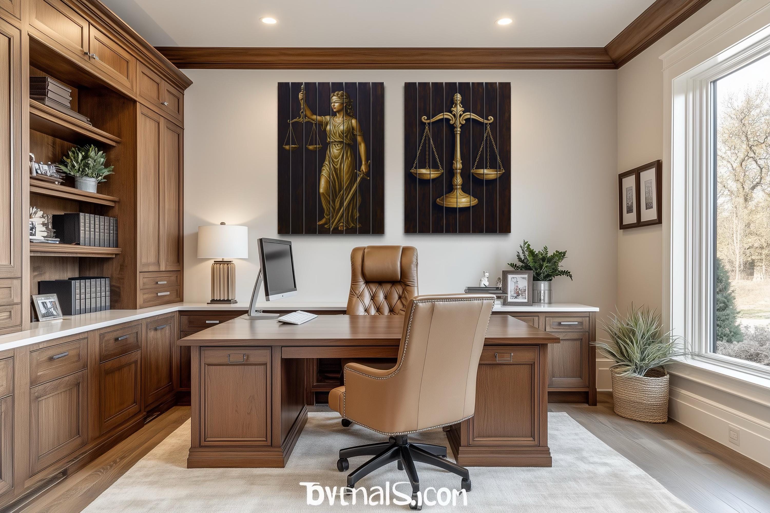 Set of 2 Law Office Wood Wall Art – Brown Gold Lady Justice & Scales Of Justice