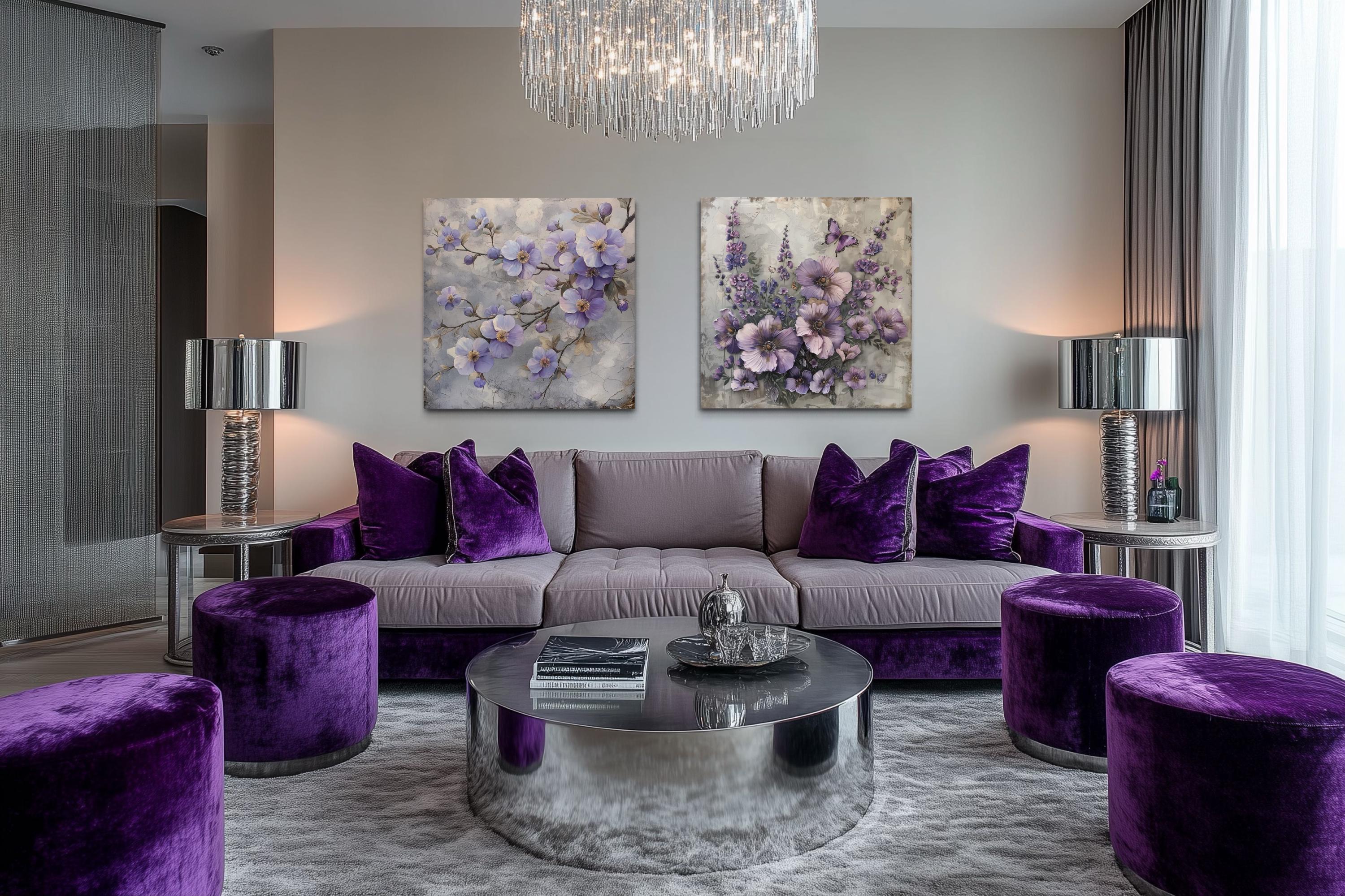 Set of 2 Light Purple Floral Prints – Cherry Blossom and Butterfly Flower Wall Art