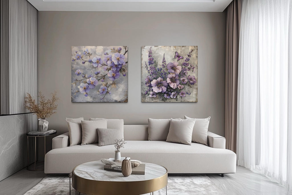 Set of 2 Light Purple Floral Prints – Cherry Blossom and Butterfly Flower Wall Art
