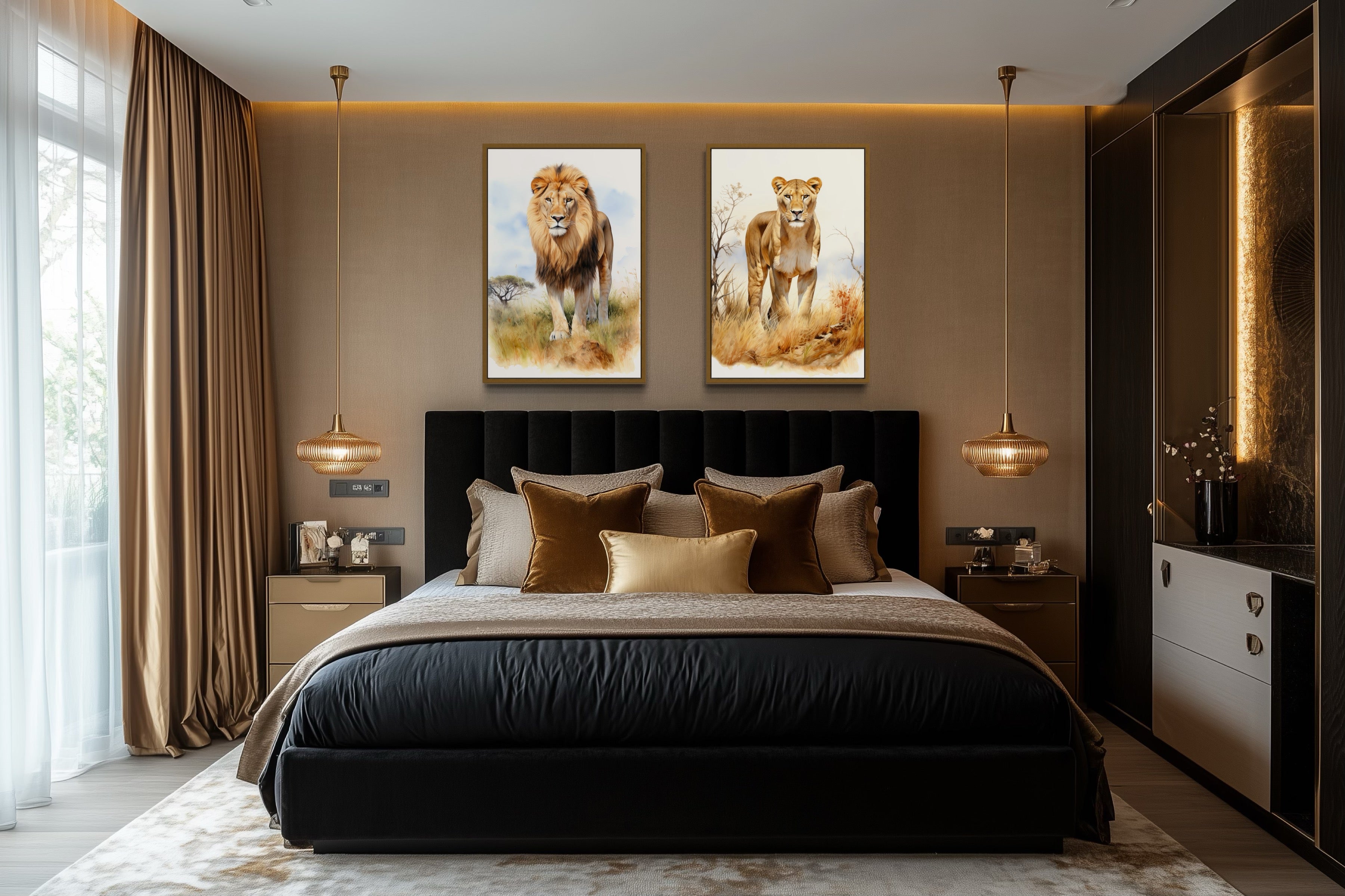 Set of 2 Lion And Lioness In Safari Framed Canvas Wall Art