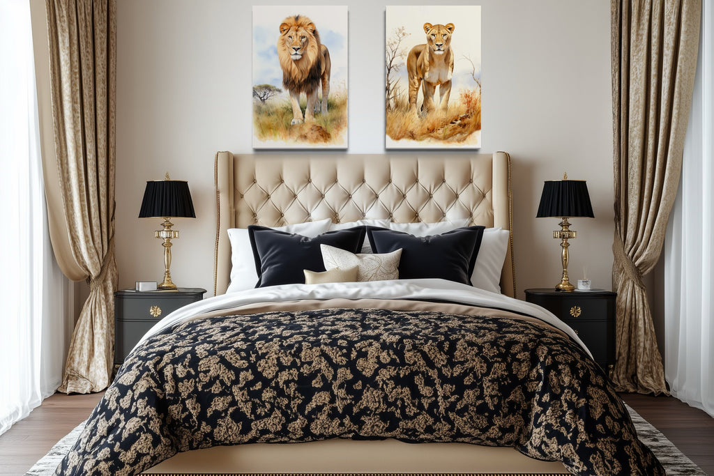 Set of 2 Lion And Lioness In Safari Framed Canvas Wall Art