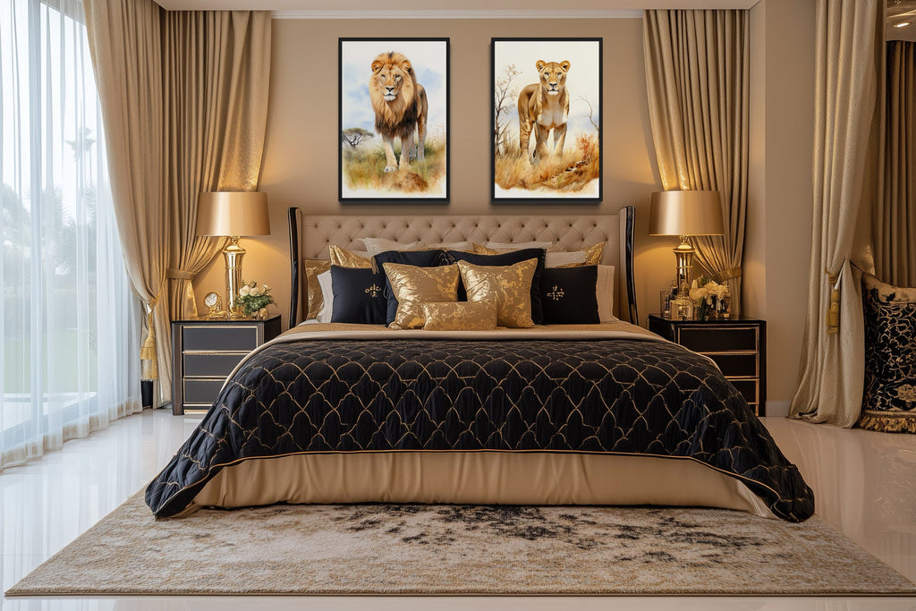 Set of 2 Lion And Lioness In Safari Framed Canvas Wall Art