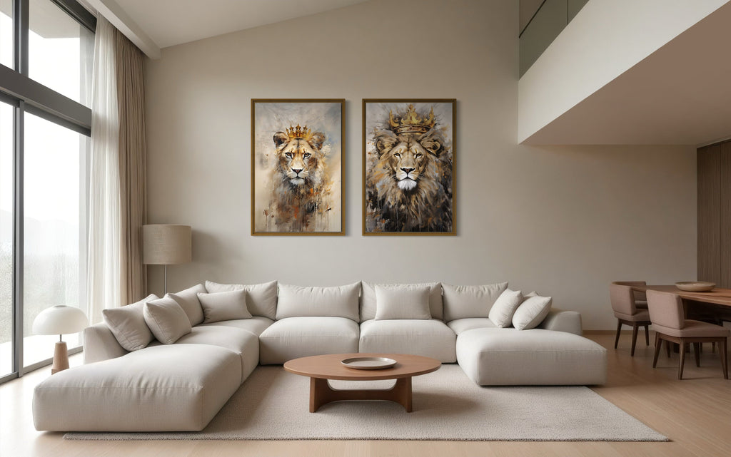 Set of 2 Lion King And Lioness Queen With Crowns Framed Canvas Wall Art
