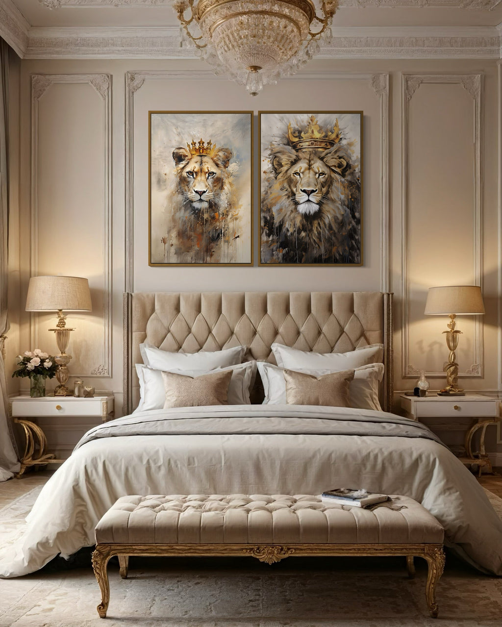 Set of 2 Lion King And Lioness Queen With Crowns Framed Canvas Wall Art