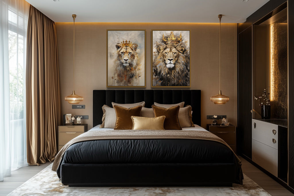 Set of 2 Lion King And Lioness Queen With Crowns Framed Canvas Wall Art