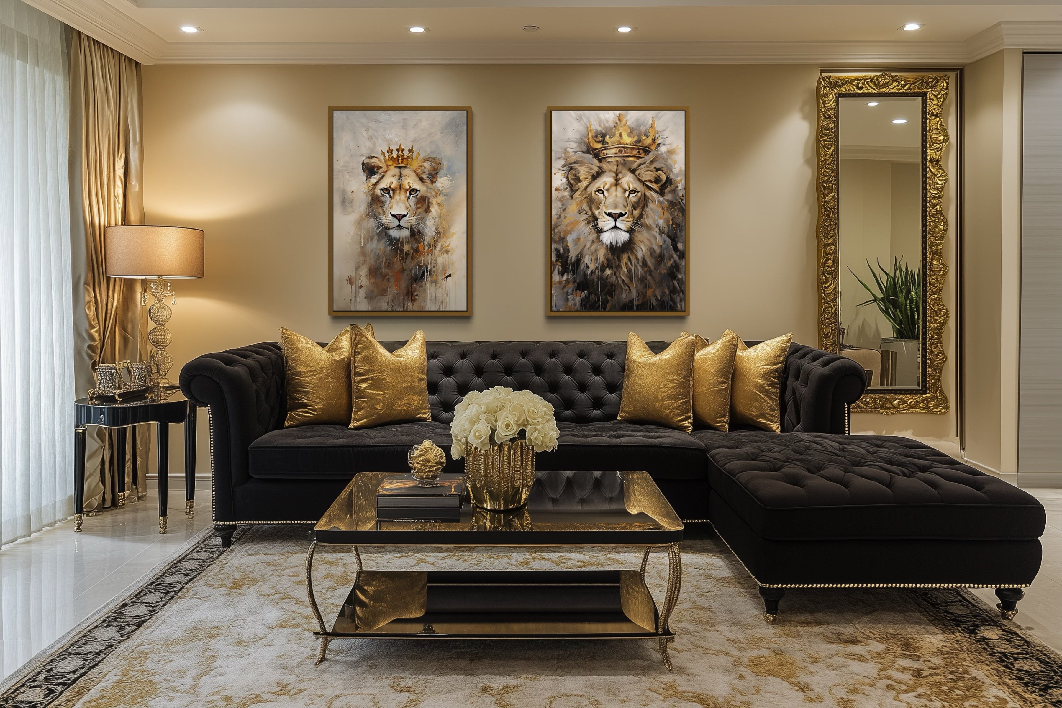 Set of 2 Lion King And Lioness Queen With Crowns Framed Canvas Wall Art