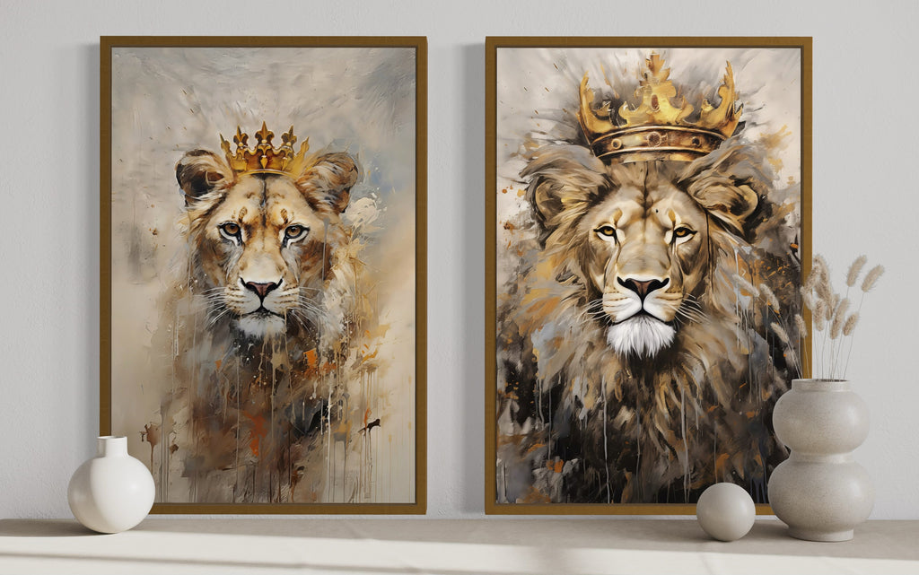 Set of 2 Lion King And Lioness Queen With Crowns Framed Canvas Wall Art