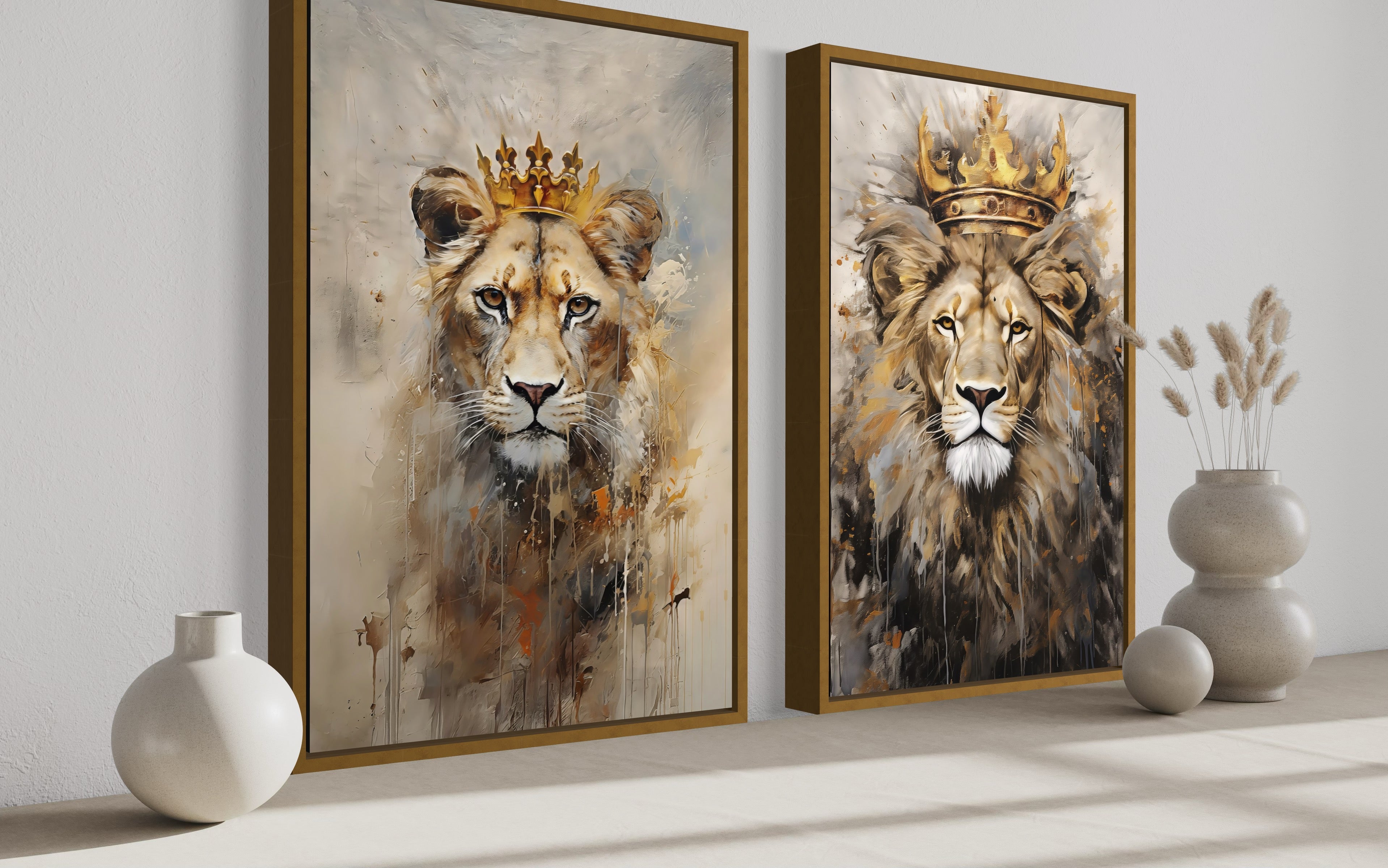 Set of 2 Lion King And Lioness Queen With Crowns Framed Canvas Wall Art