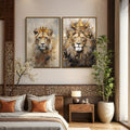 Set of 2 Lion King And Lioness Queen With Crowns Framed Canvas Wall Art