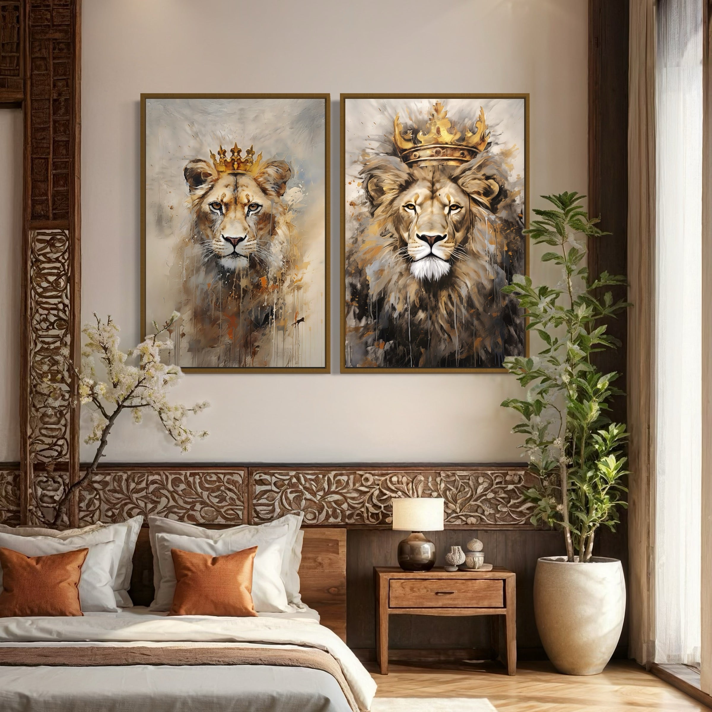 Set of 2 Lion King And Lioness Queen With Crowns Framed Canvas Wall Art