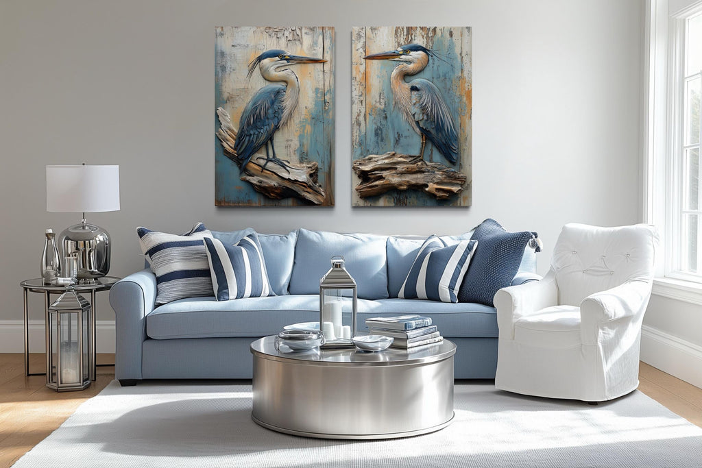 Set of 2 Rustic Blue Herons Canvas Wall Art