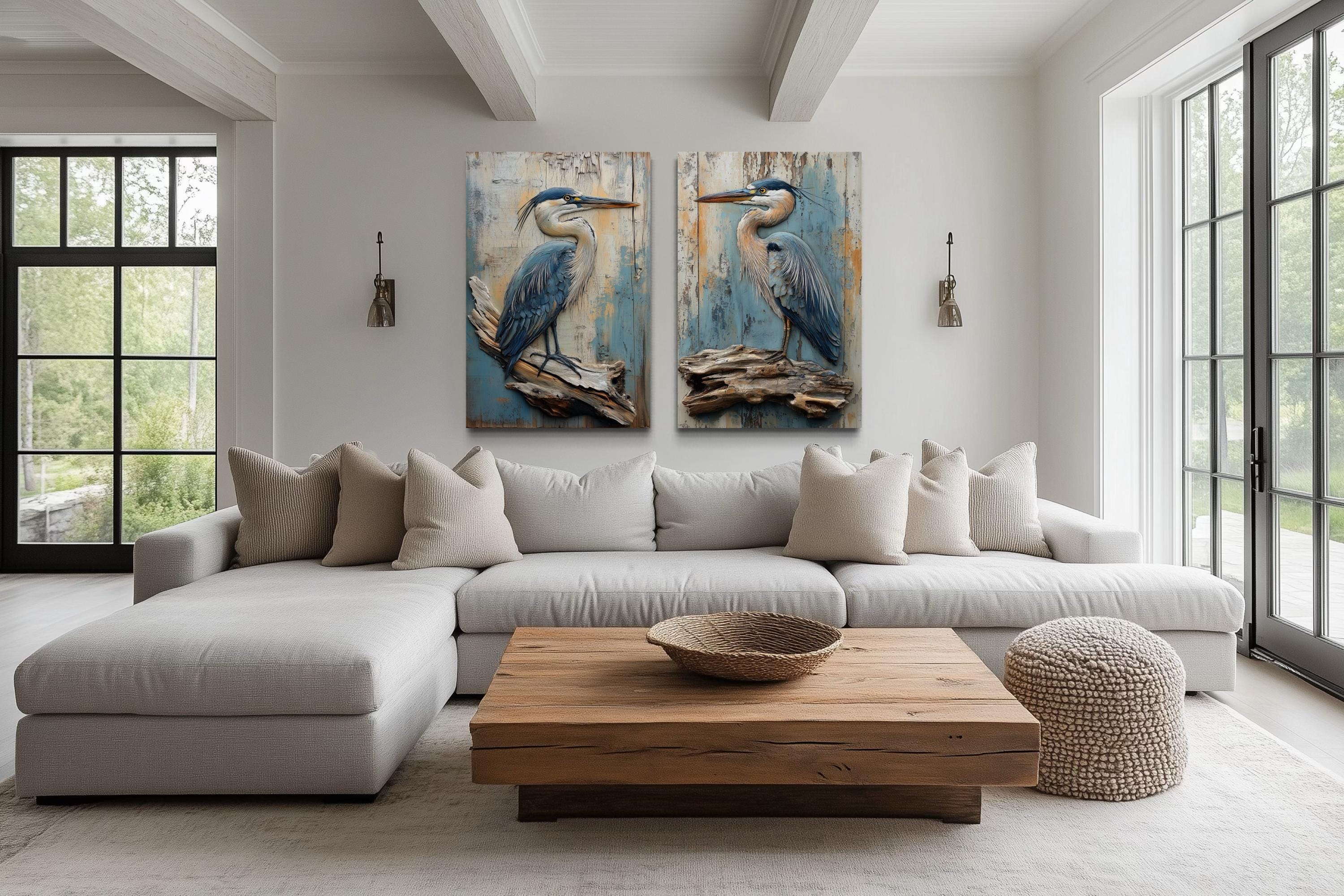 Set of 2 Rustic Blue Herons Canvas Wall Art