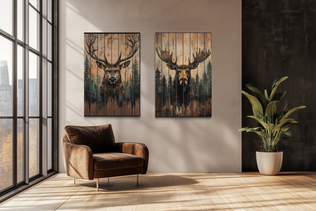 Set of 2 Rustic Moose and Deer Distressed Wood Wall Art