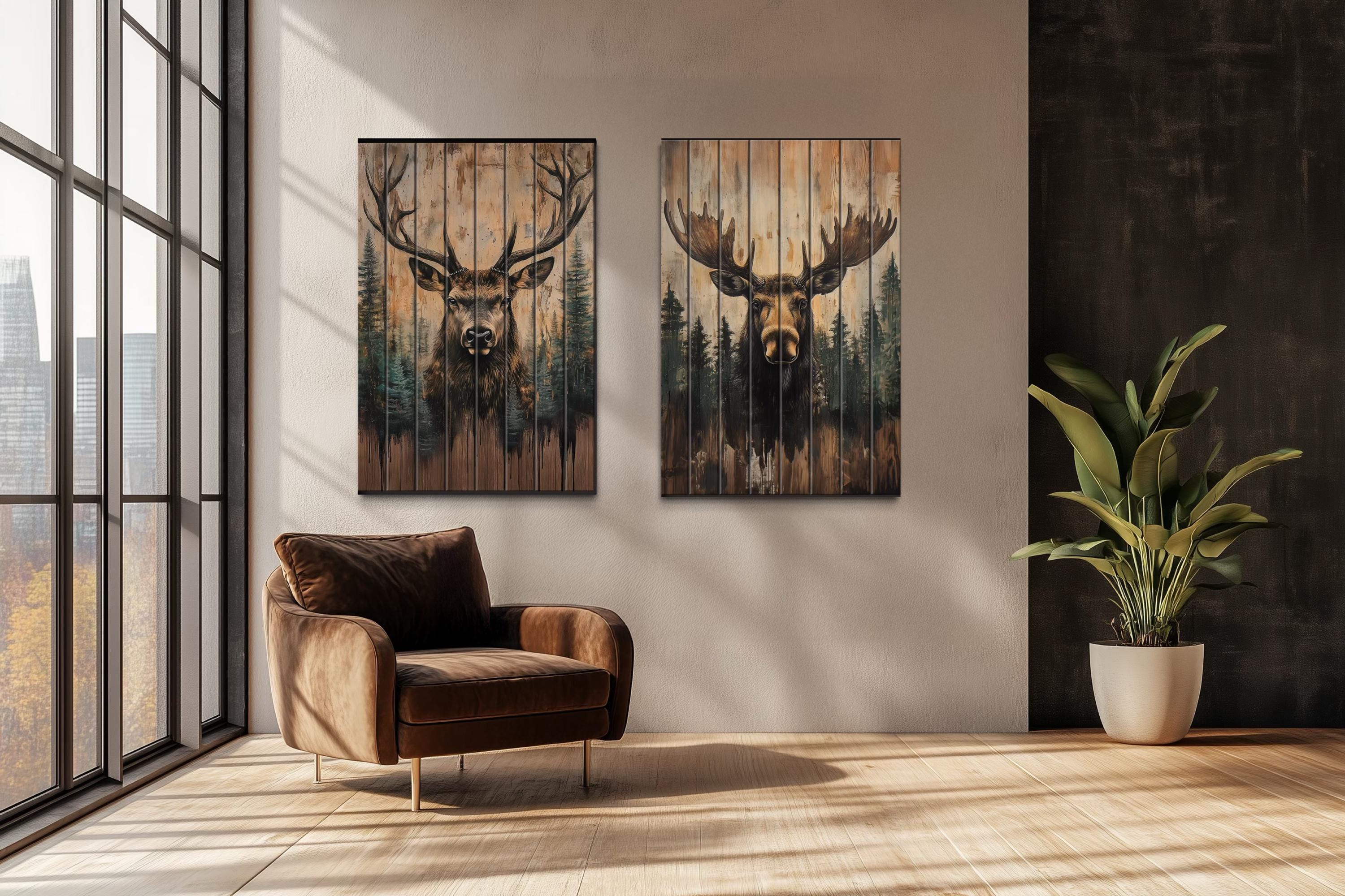 Set of 2 Rustic Moose and Deer Distressed Wood Wall Art