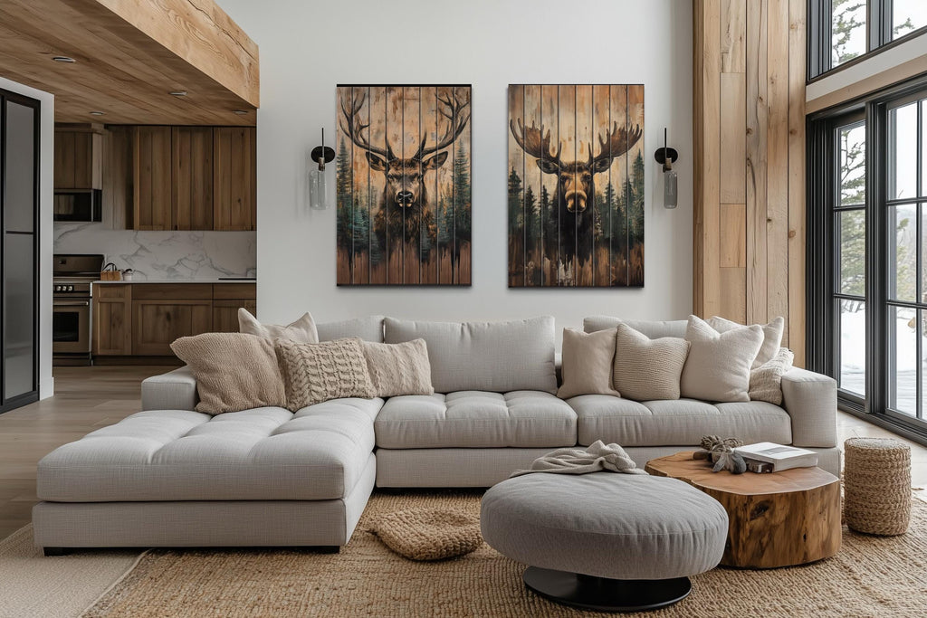 Set of 2 Rustic Moose and Deer Distressed Wood Wall Art