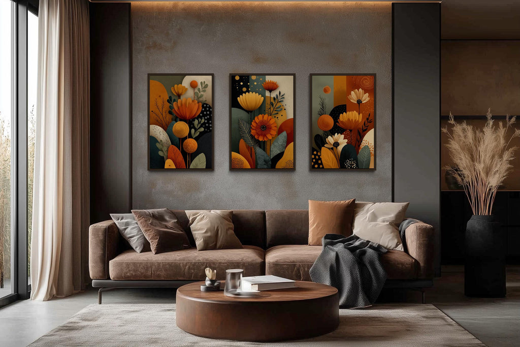 Set of 3 Abstract Floral Warm Earth Tone Boho Wall Art