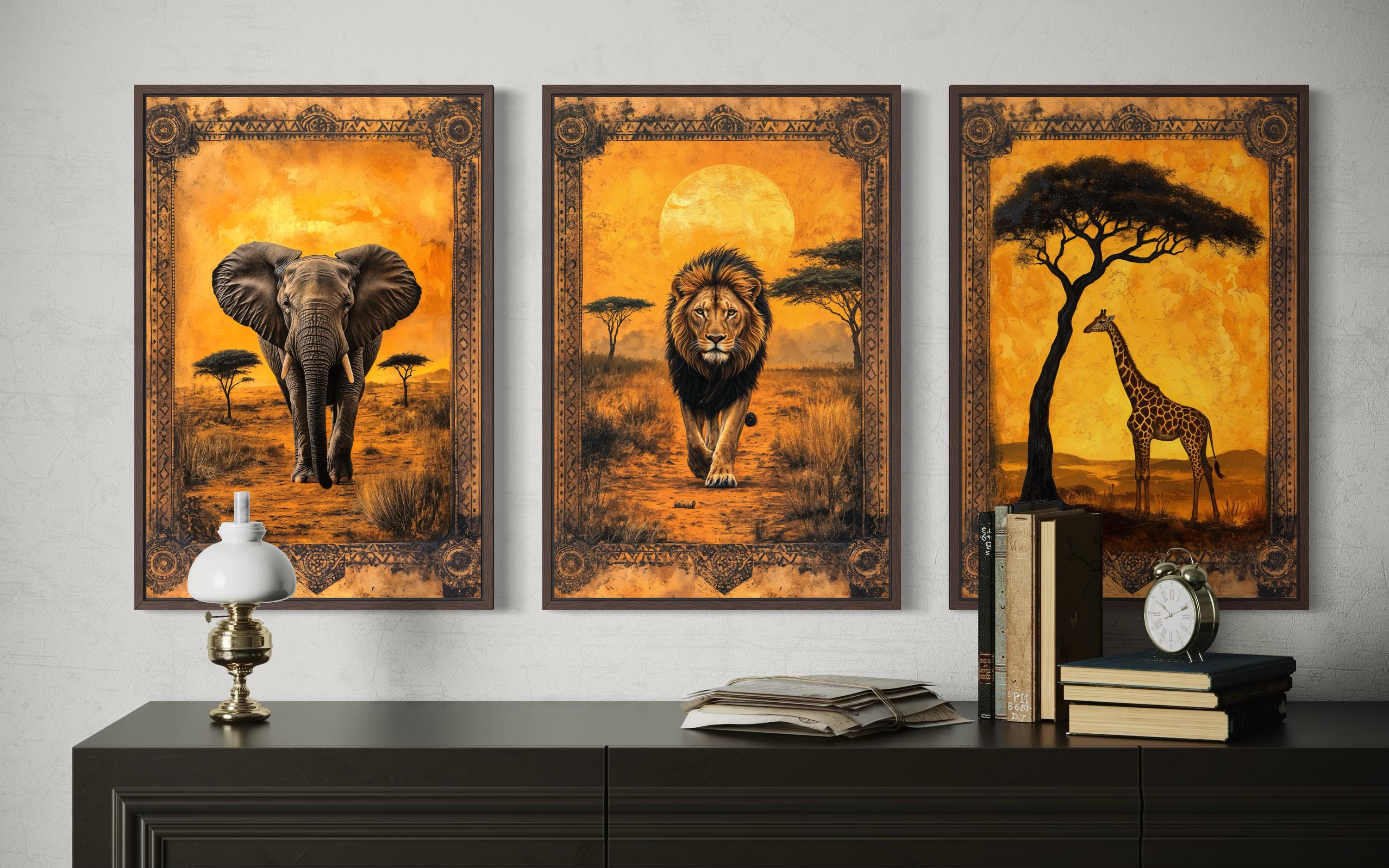 Set of 3 African Animals In Savanna Wall Art - Elephant, Lion Giraffe