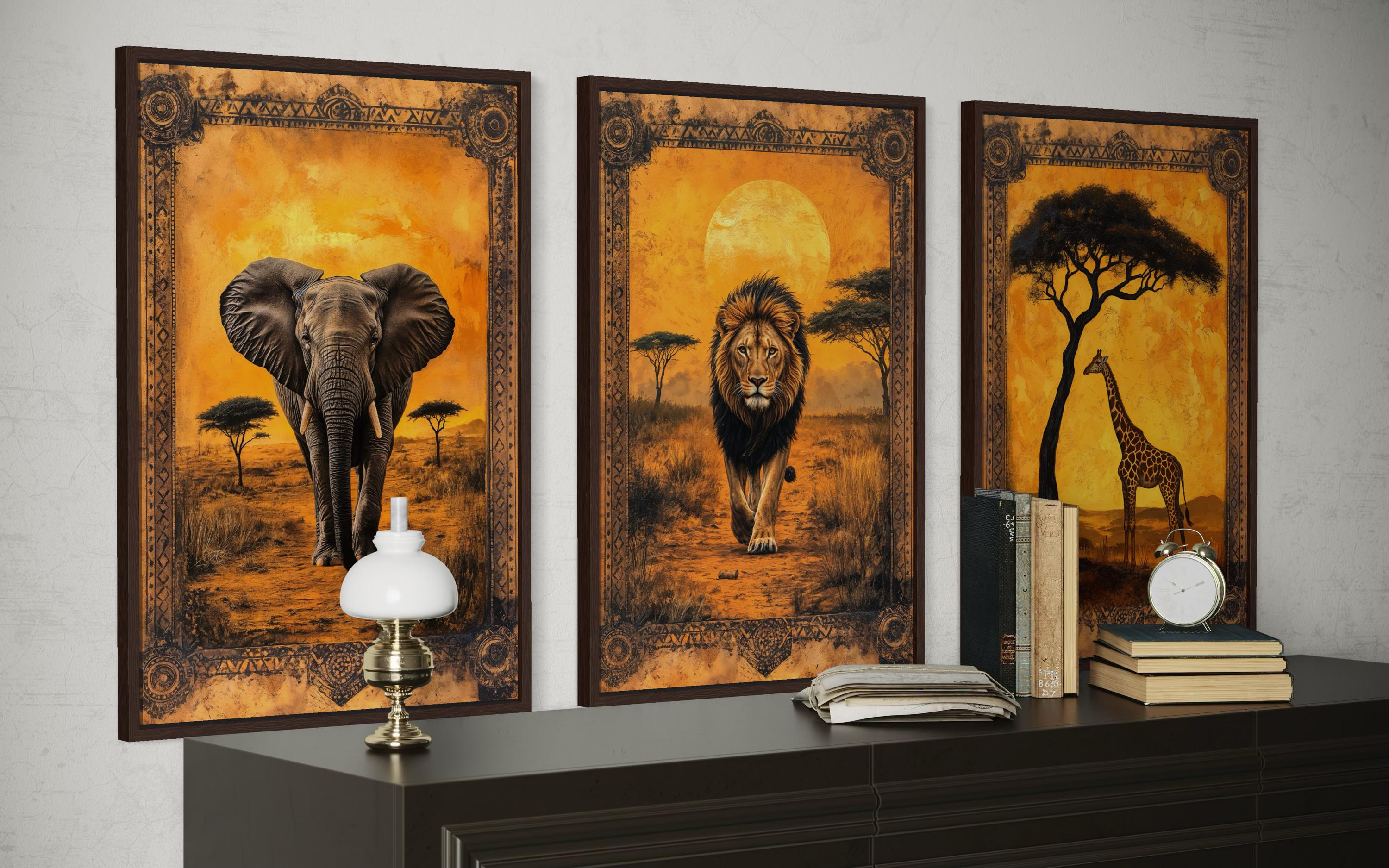 Set of 3 African Animals In Savanna Wall Art - Elephant, Lion Giraffe