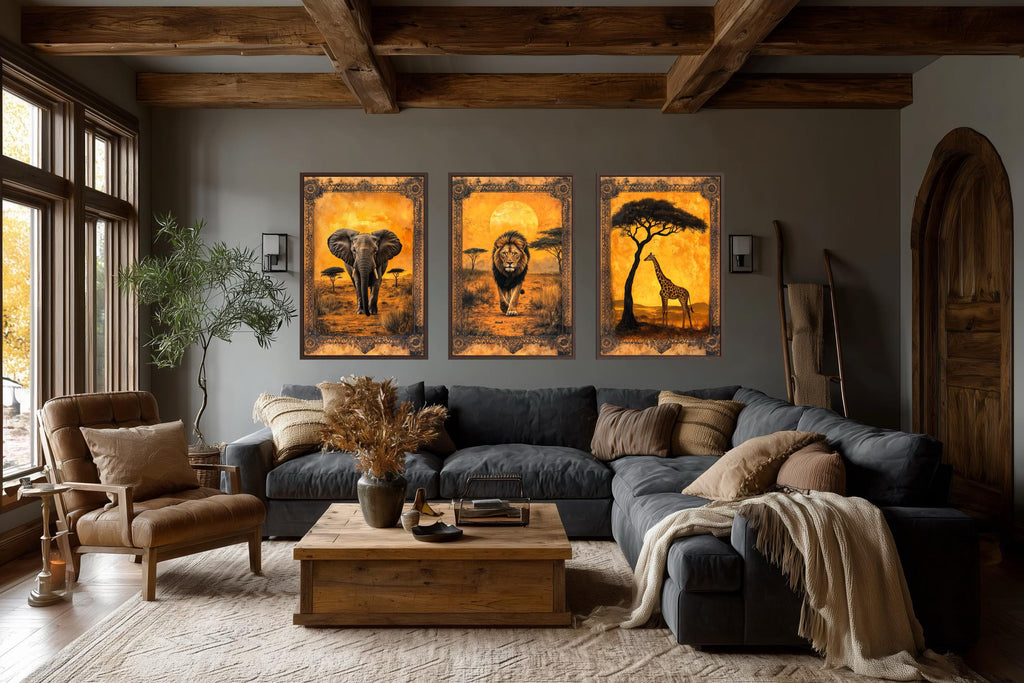 Set of 3 African Animals In Savanna Wall Art - Elephant, Lion Giraffe