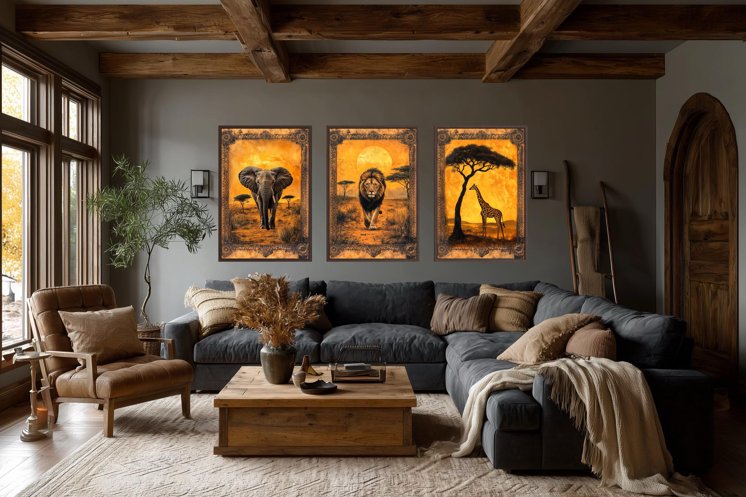 Set of 3 African Animals In Savanna Wall Art - Elephant, Lion Giraffe
