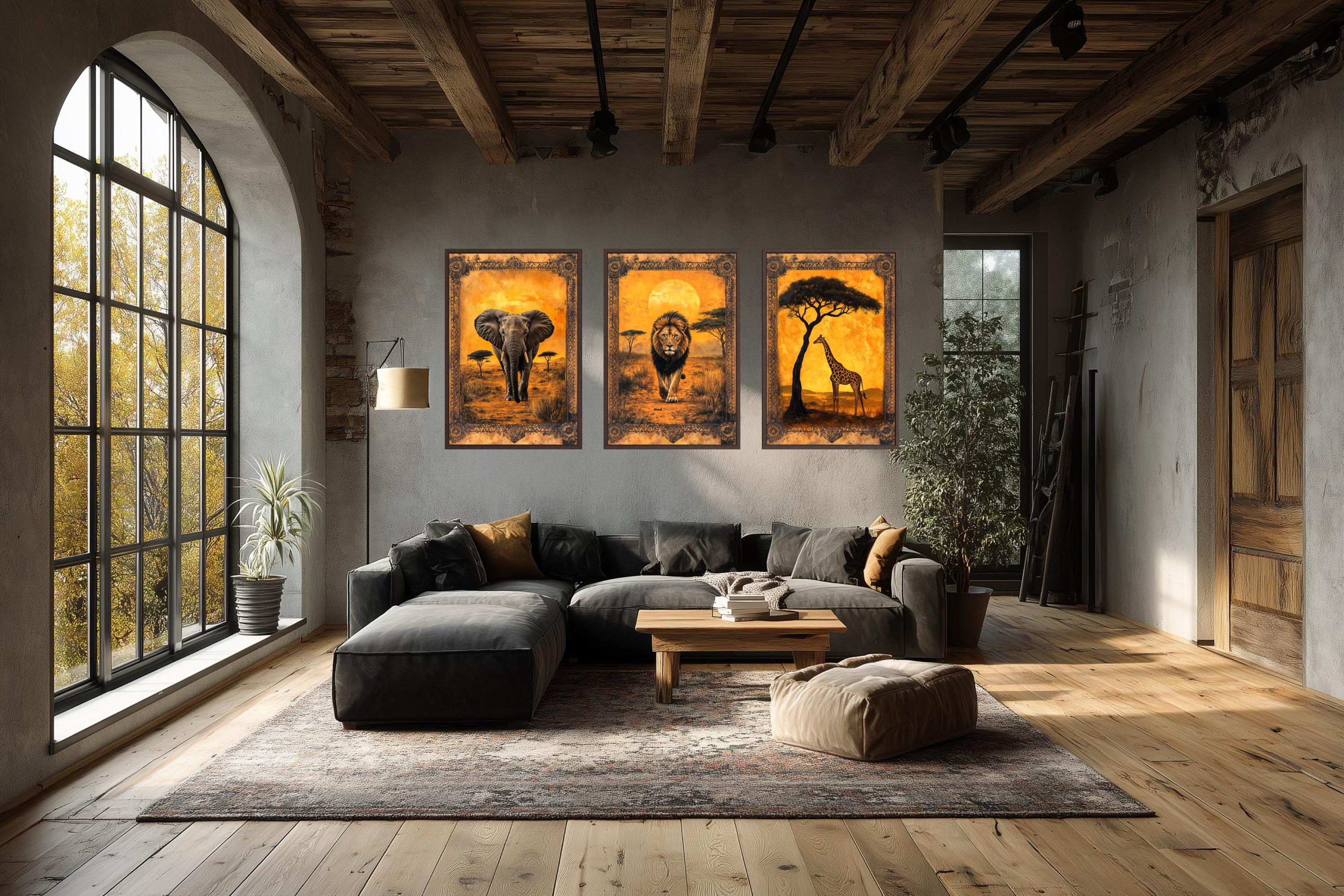 Set of 3 African Animals In Savanna Wall Art - Elephant, Lion Giraffe