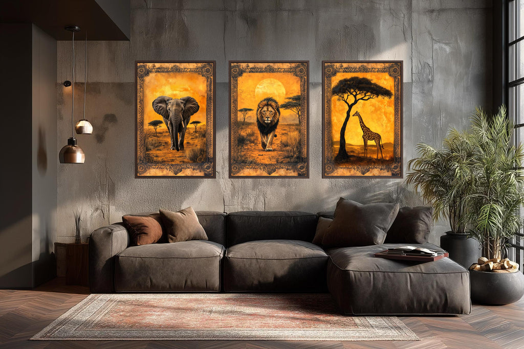 Set of 3 African Animals In Savanna Wall Art - Elephant, Lion Giraffe