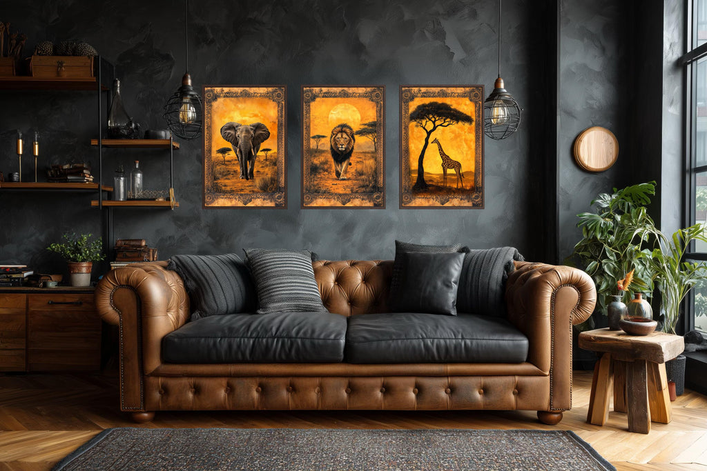 Set of 3 African Animals In Savanna Wall Art - Elephant, Lion Giraffe