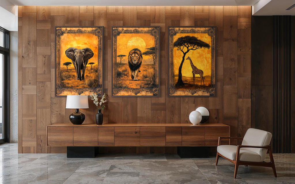 Set of 3 African Animals In Savanna Wall Art - Elephant, Lion Giraffe