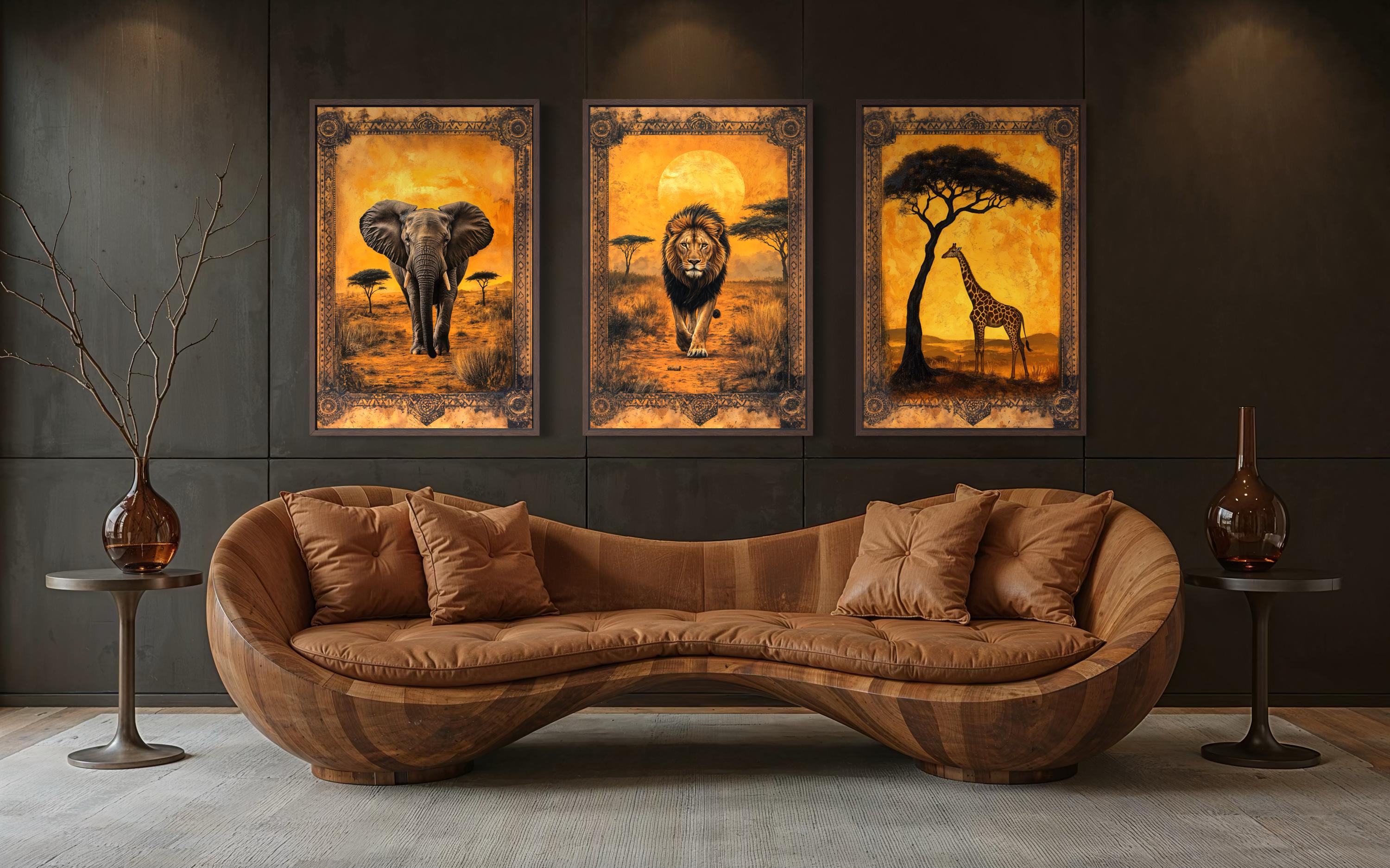 Set of 3 African Animals In Savanna Wall Art - Elephant, Lion Giraffe