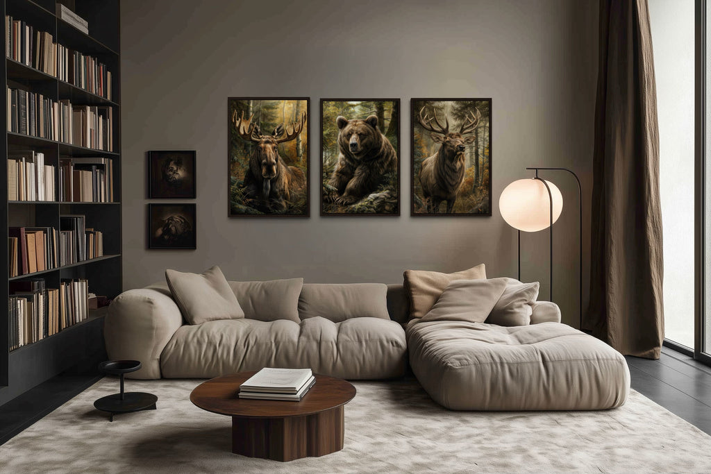 Set of 3 Cabin Wall Decor Forest Wildlife Animals - Bear, Moose And Elk Paintings