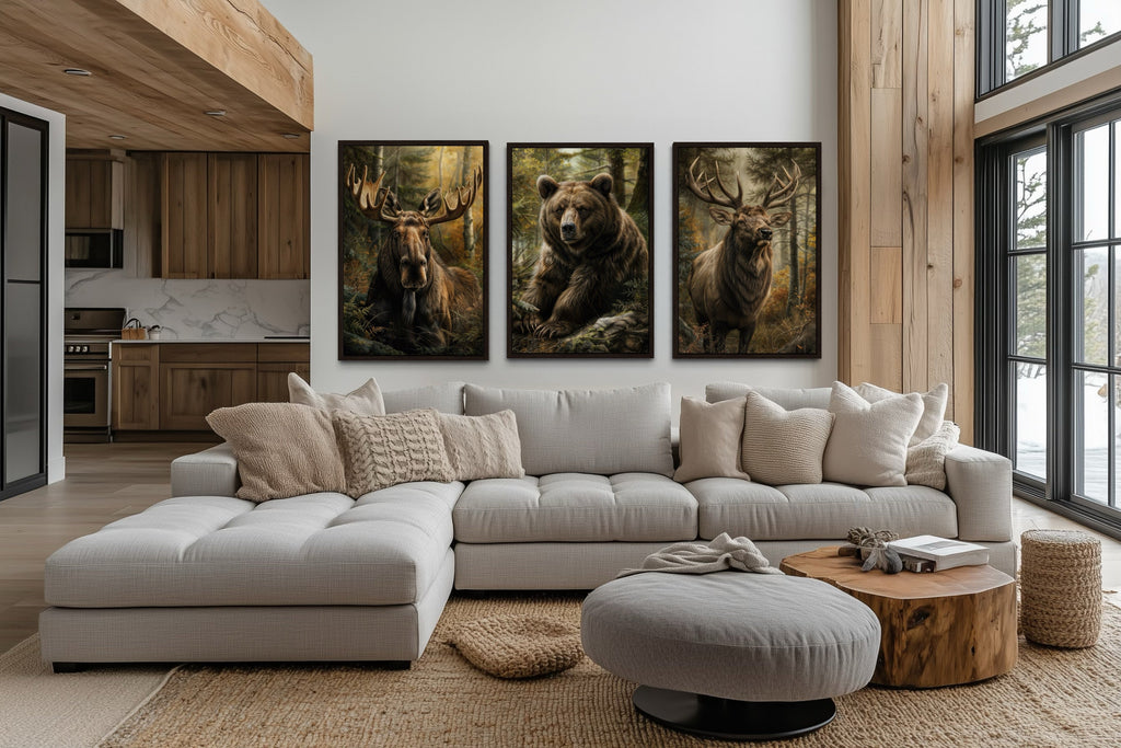Set of 3 Cabin Wall Decor Forest Wildlife Animals - Bear, Moose And Elk Paintings