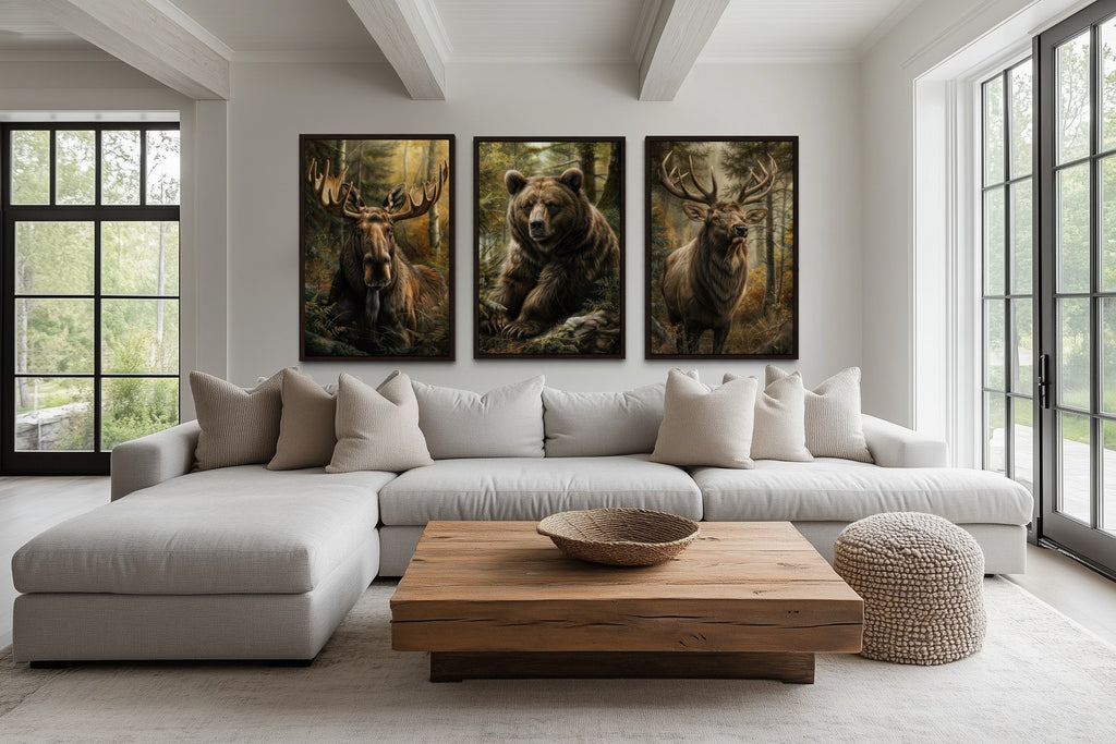 Set of 3 Cabin Wall Decor Forest Wildlife Animals - Bear, Moose And Elk Paintings