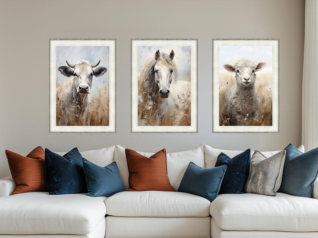 Set of 3 Farm Animals Barnwood Frame Canvas Wall Art - Cow, Horse And Sheep
