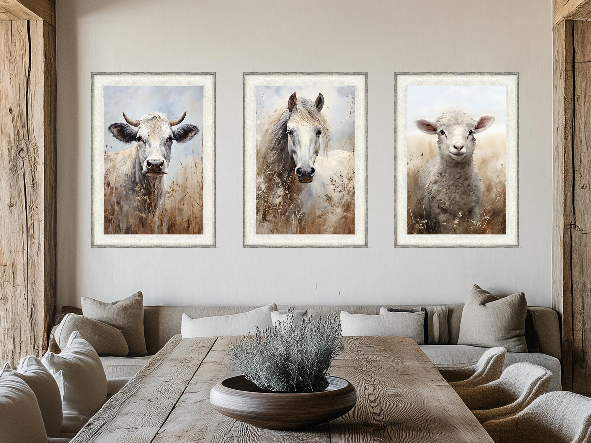 Set of 3 Farm Animals Barnwood Frame Canvas Wall Art - Cow, Horse And Sheep