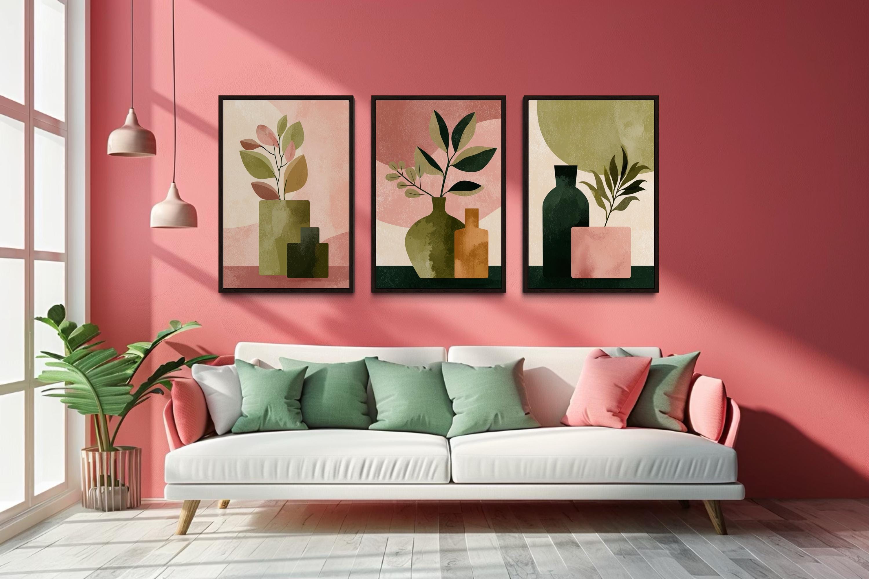 Set of 3 Framed Minimalist Botanical Blush Pink and Olive Green Vases With Leaves Wall Art