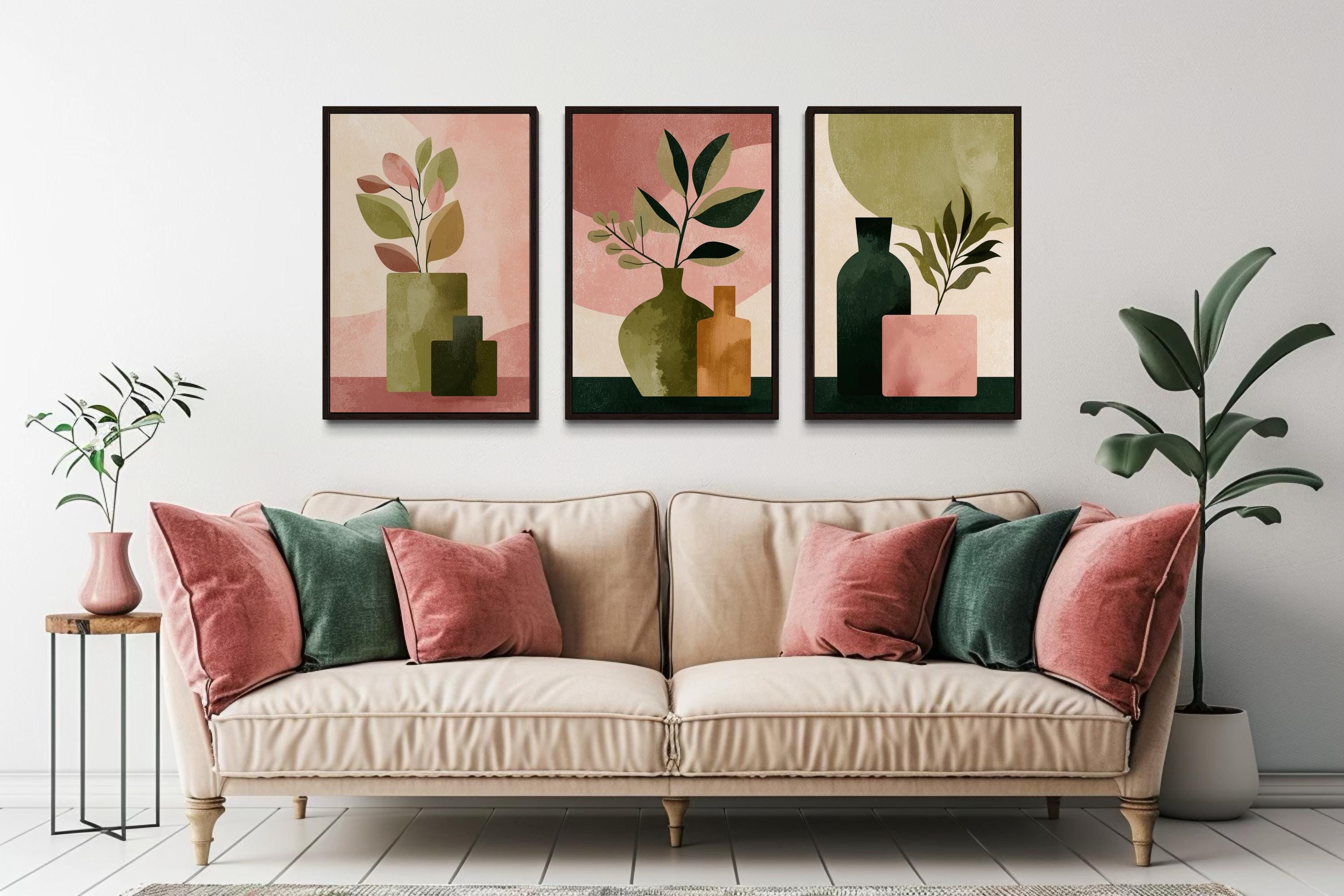 Set of 3 Framed Minimalist Botanical Blush Pink and Olive Green Vases With Leaves Wall Art