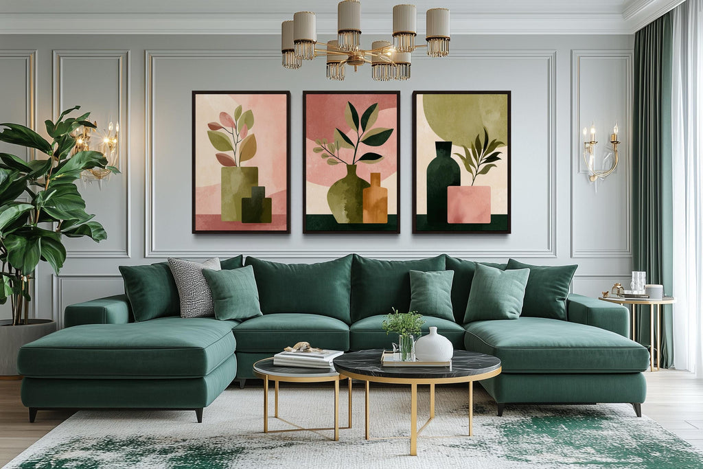 Set of 3 Framed Minimalist Botanical Blush Pink and Olive Green Vases With Leaves Wall Art