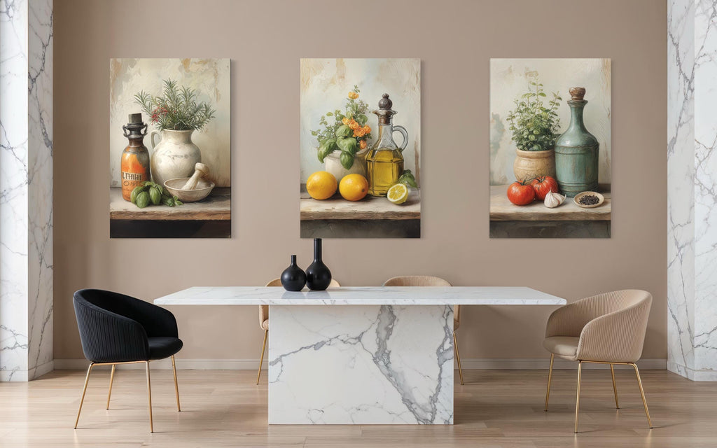 Set of 3 Kitchen Wall Art – Mediterranean Herbs, Olive Oil, Tomatoes, Lemons Still Life Canvas Prints