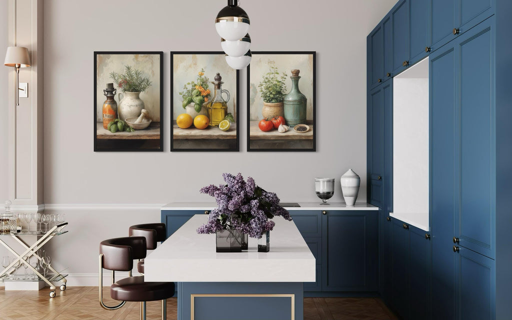 Set of 3 Kitchen Wall Art – Mediterranean Herbs, Olive Oil, Tomatoes, Lemons Still Life Canvas Prints