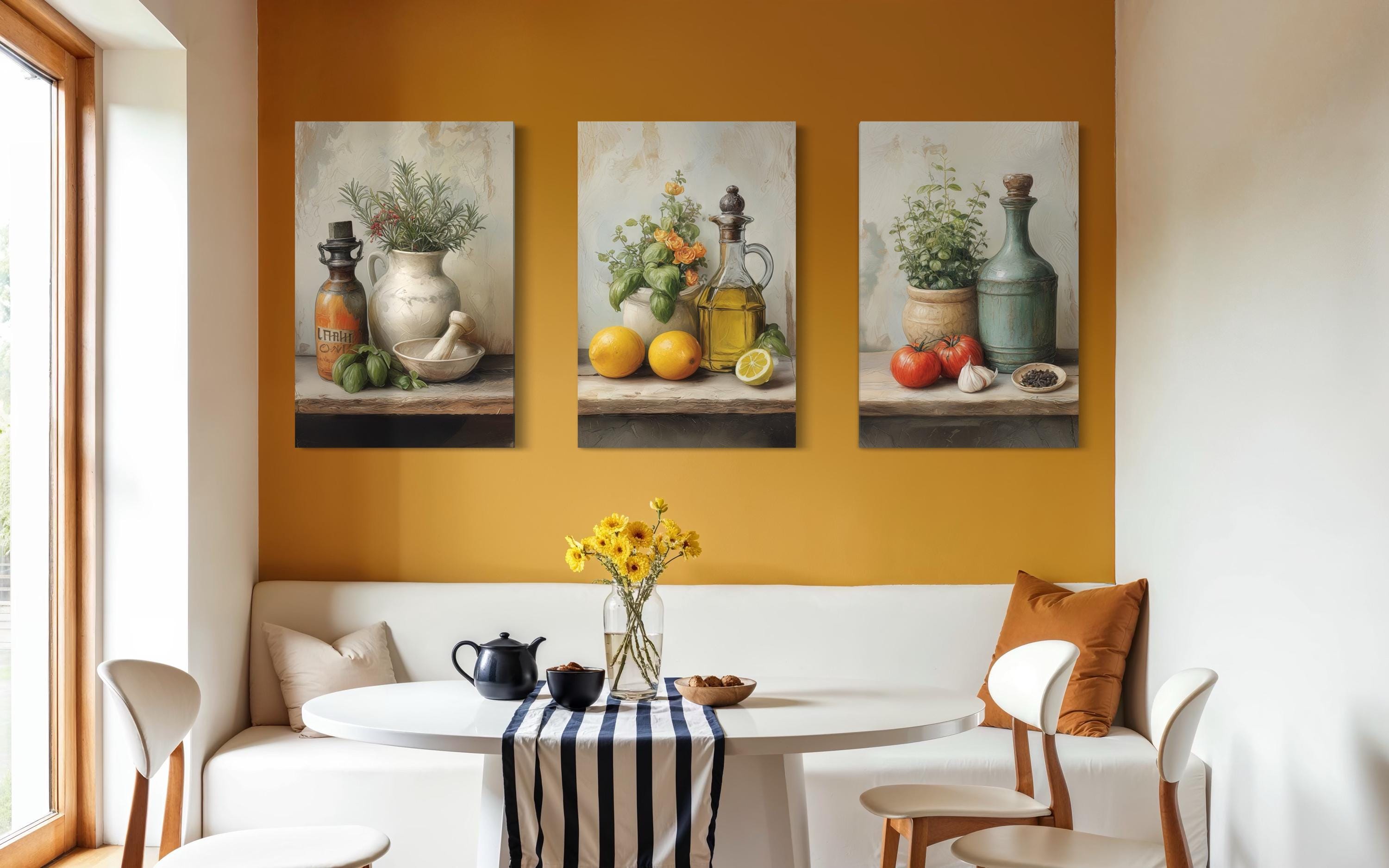 Set of 3 Kitchen Wall Art – Mediterranean Herbs, Olive Oil, Tomatoes, Lemons Still Life Canvas Prints