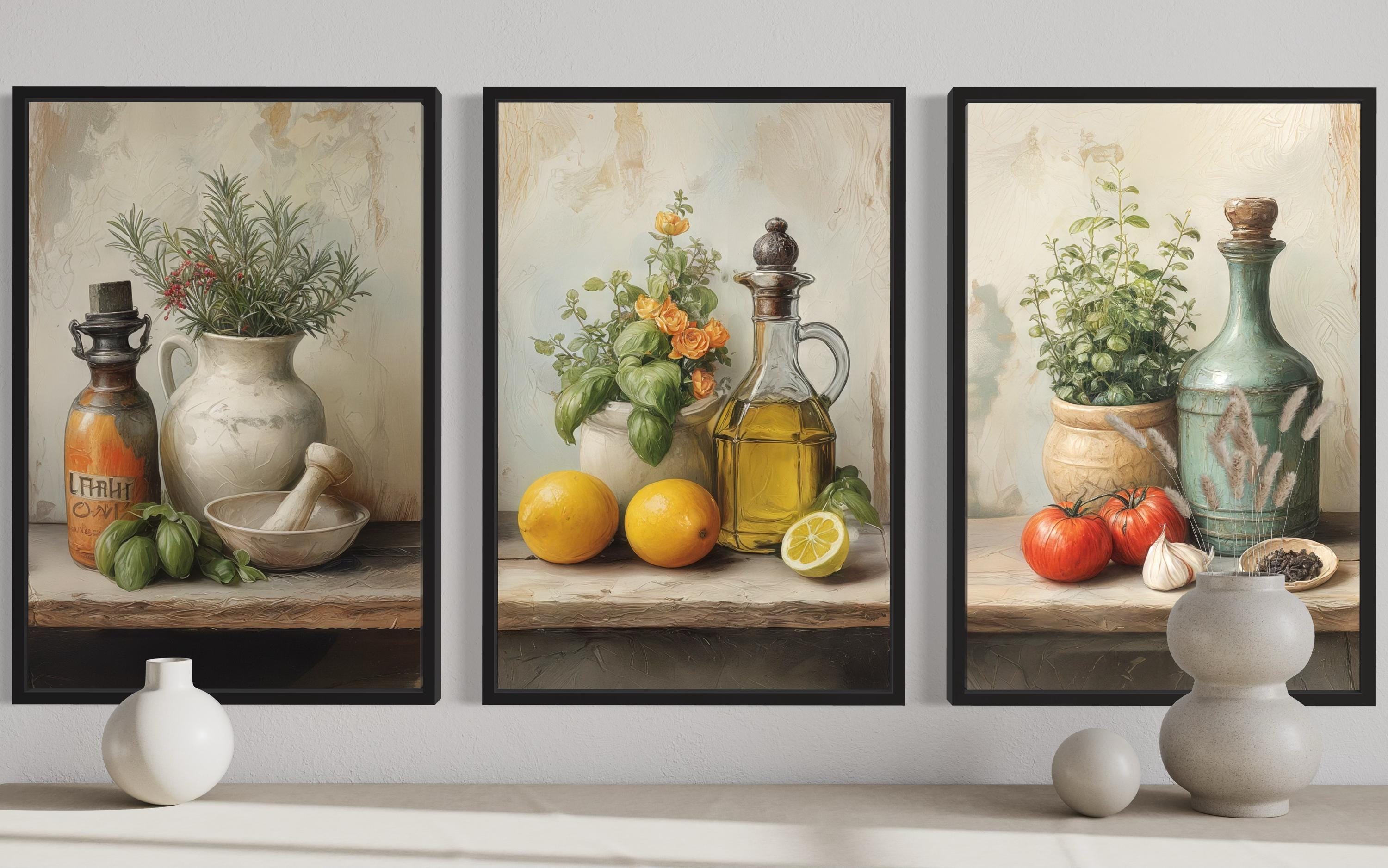 Set of 3 Kitchen Wall Art – Mediterranean Herbs, Olive Oil, Tomatoes, Lemons Still Life Canvas Prints