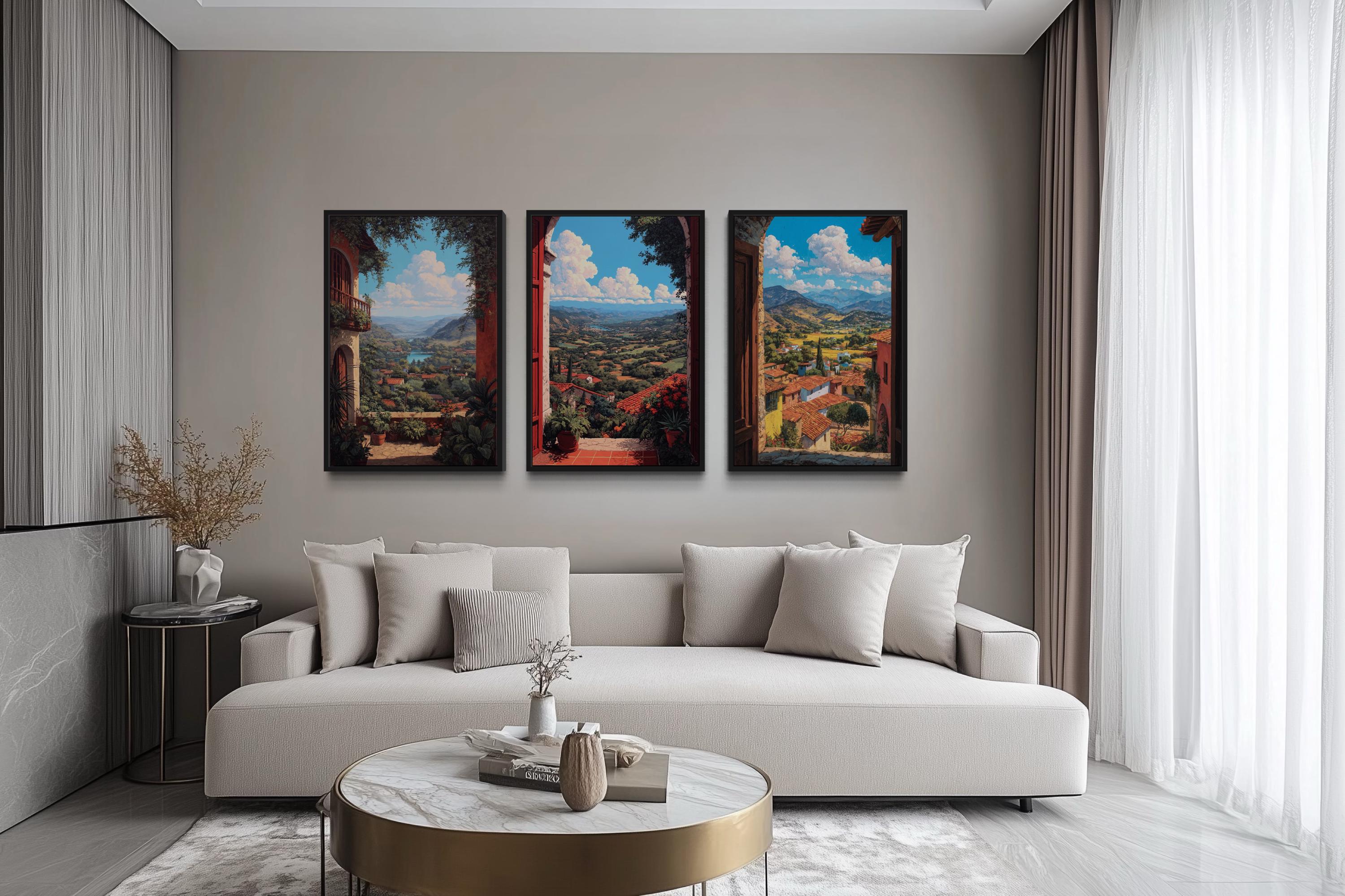 Set of 3 Mexican Window View Wall Art, Colorful Mexican Landscape