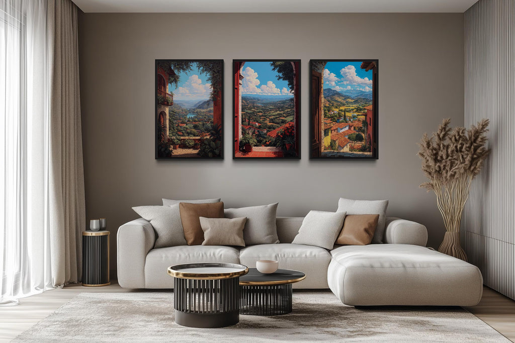 Set of 3 Mexican Window View Wall Art, Colorful Mexican Landscape