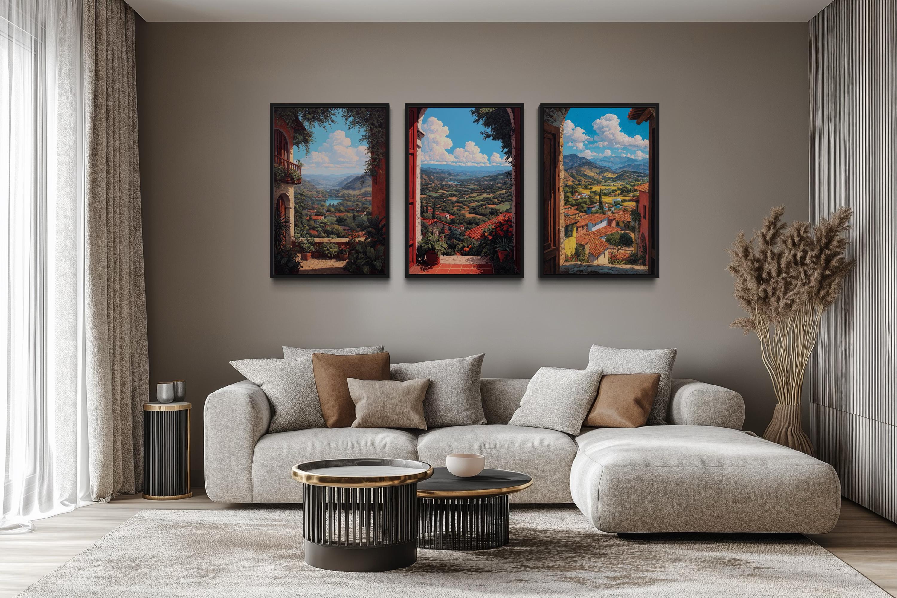 Set of 3 Mexican Window View Wall Art, Colorful Mexican Landscape