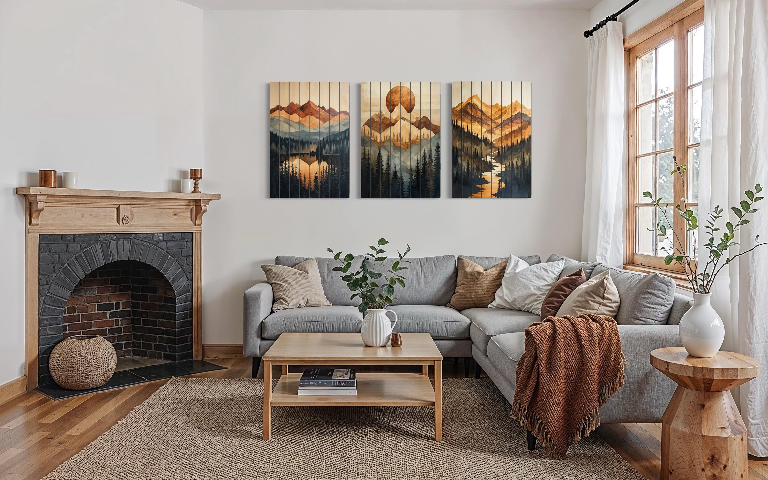 Set of 3 Mountain Sunset Landscape Rustic Distressed Wood Wall Art