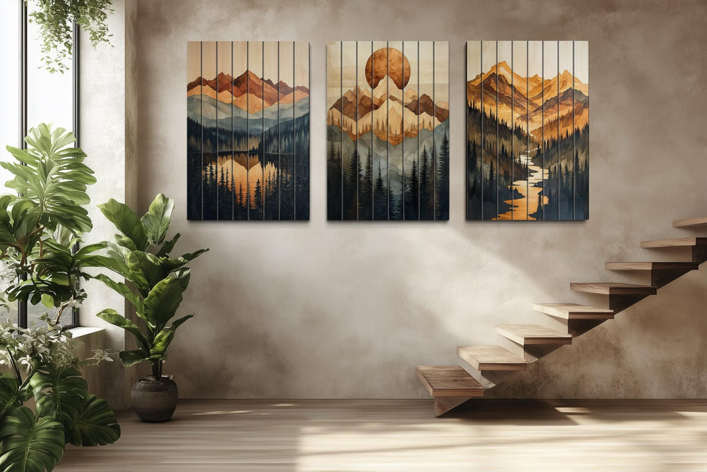 Set of 3 Mountain Sunset Landscape Rustic Distressed Wood Wall Art